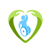Cloris care logo blue figure in wheelchair surrounded by green arms hug